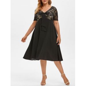 

Plus Size Lace Insert Bowknot Flare Dress, Black