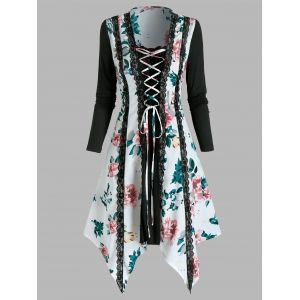 

Floral Print Lace Trim Asymmetrical Long Sleeve Dress, Multi a