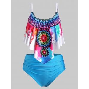 

Plus Size Ruffled Overlay Printed Tankini Swimwear, Blue