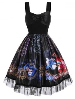Bowknot Floral Face Fireworks Print Lace Panel Dress - BLACK - L
