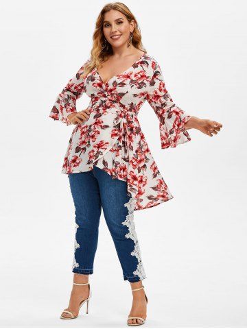 

Plus Size High Low Floral Print Surplice Blouse, White