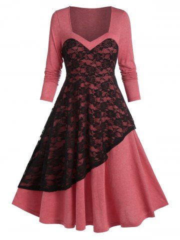 Vestido bicolor media pantorrilla en capas de encaje - CHERRY RED - M