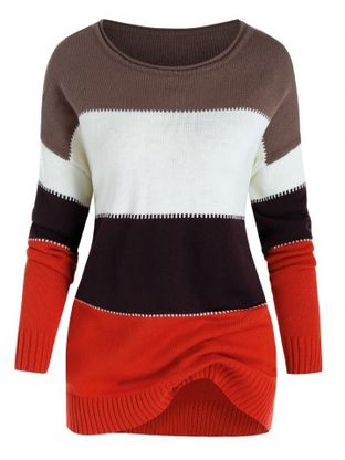 Plus Size Colorblock Drop Shoulder Rolled Trim Sweater