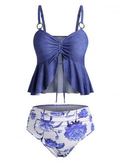 Plus Size O Ring Cinched Floral Tankini Swimwear - BLUE - 4X