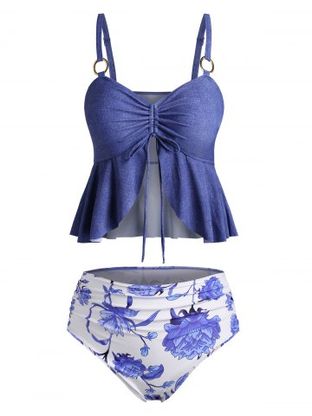 Plus Size O Ring Cinched Floral Tankini Swimwear