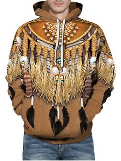 Indian Tassel Pattern Front Pocket Pullover Hoodie - CAMEL BROWN - S