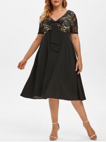 Plus Size Lace Insert Bowknot Flare Dress - BLACK - L