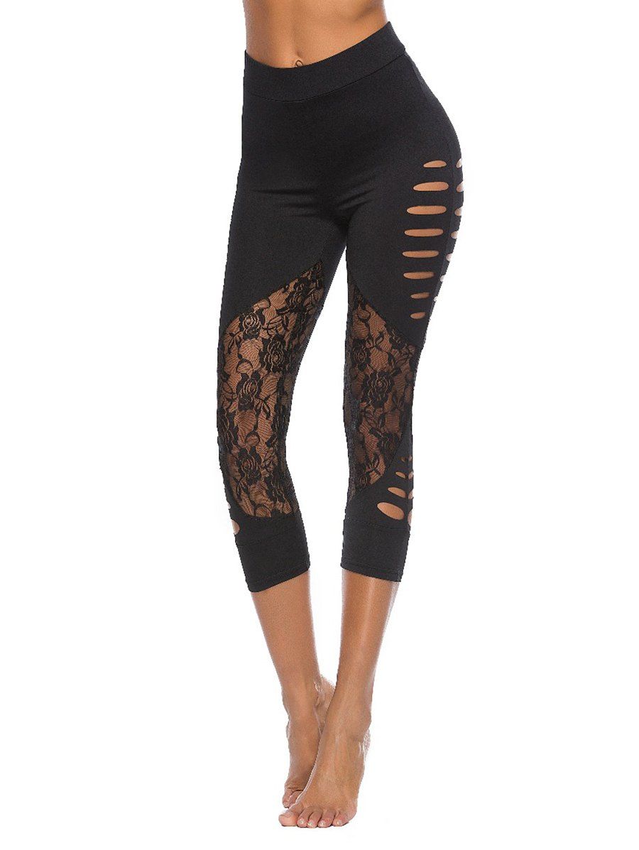 

Destroyed Lace Panel Capri Leggings, Black