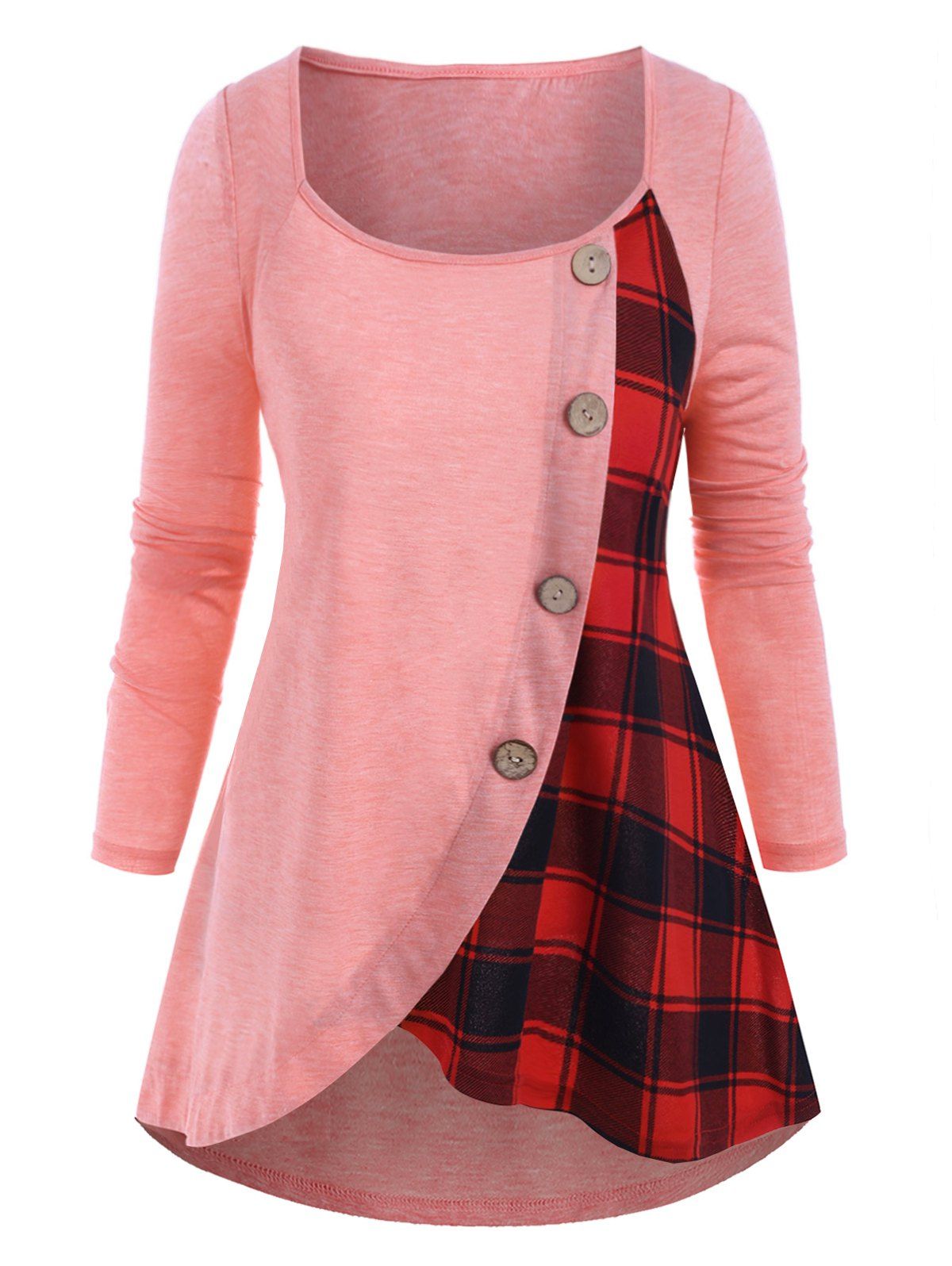 

Plus Size High Low Plaid T Shirt, Light pink