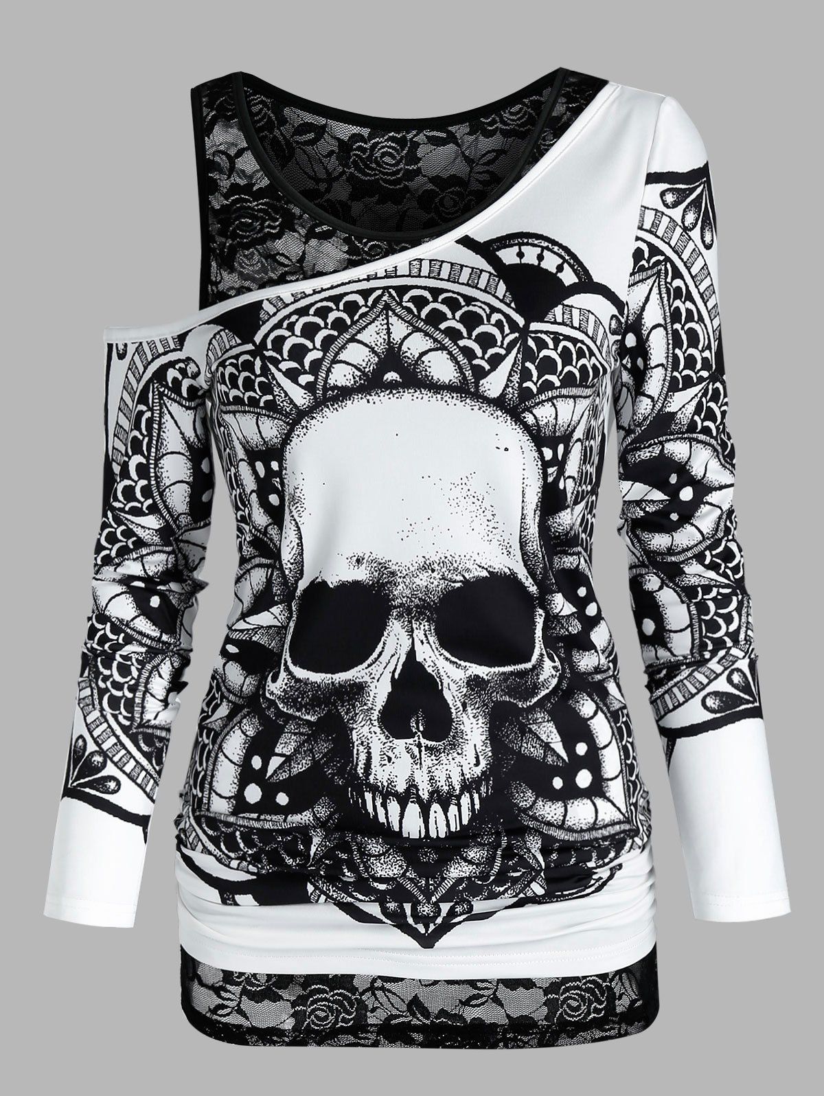 

Skull Graphic Cold Shoulder Two Piece T Shirt Sets, Black