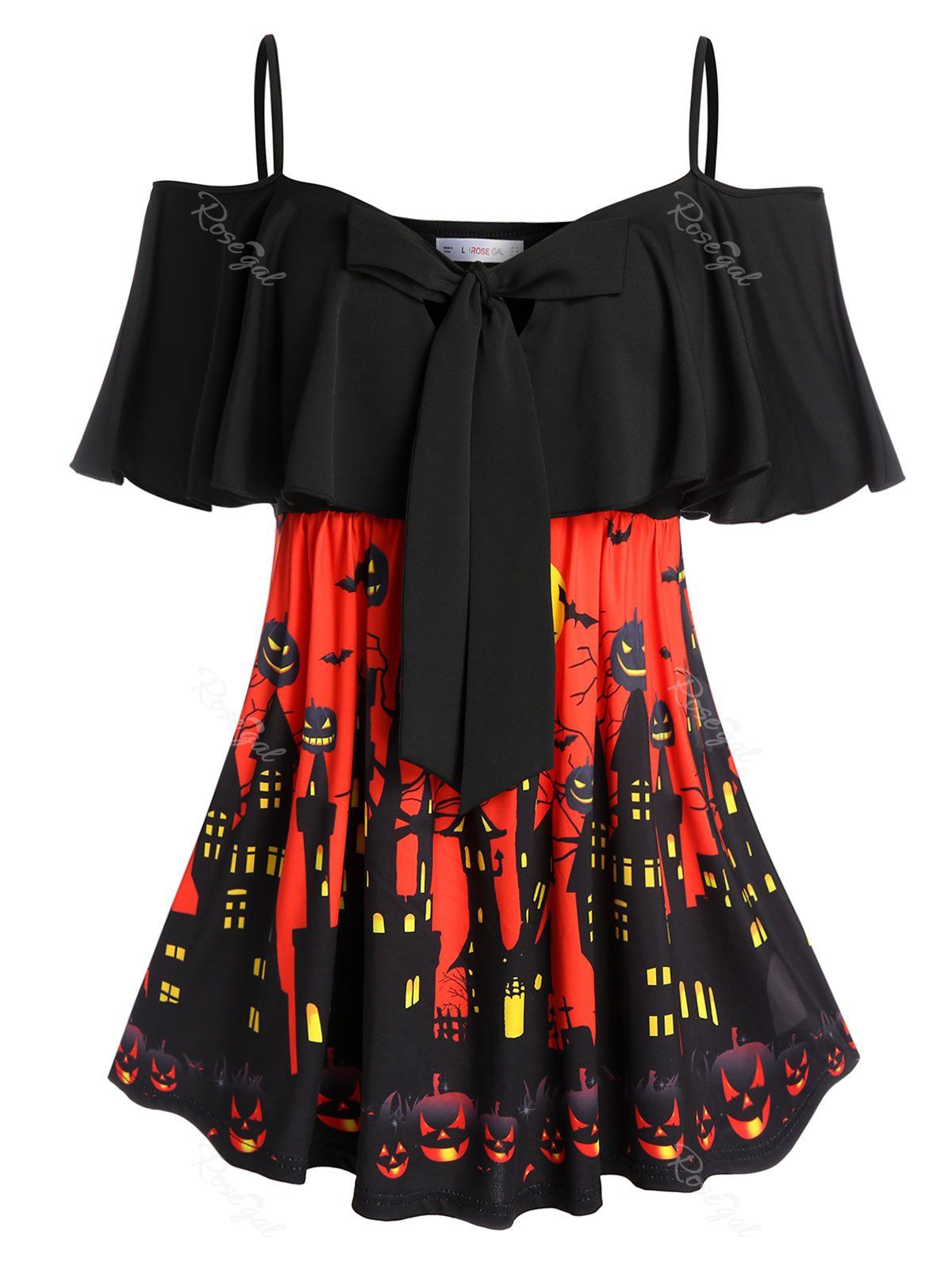 Buy Plus Size Halloween Pumpkin Cold Shoulder Flounce Tee  