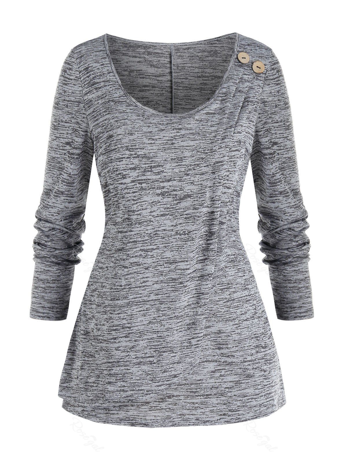 

Plus Size Space Dye Buttoned Detail Long Sleeve Tee, Gray cloud