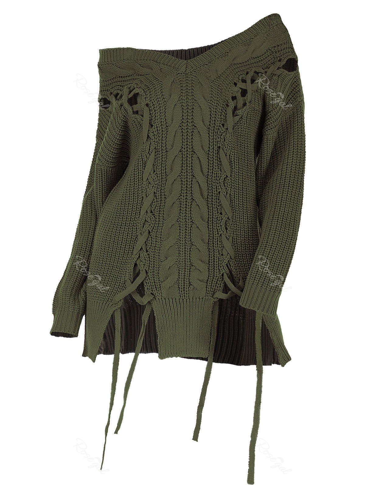 

Plus Size Off The Shoulder Lace Up Sweater, Deep green