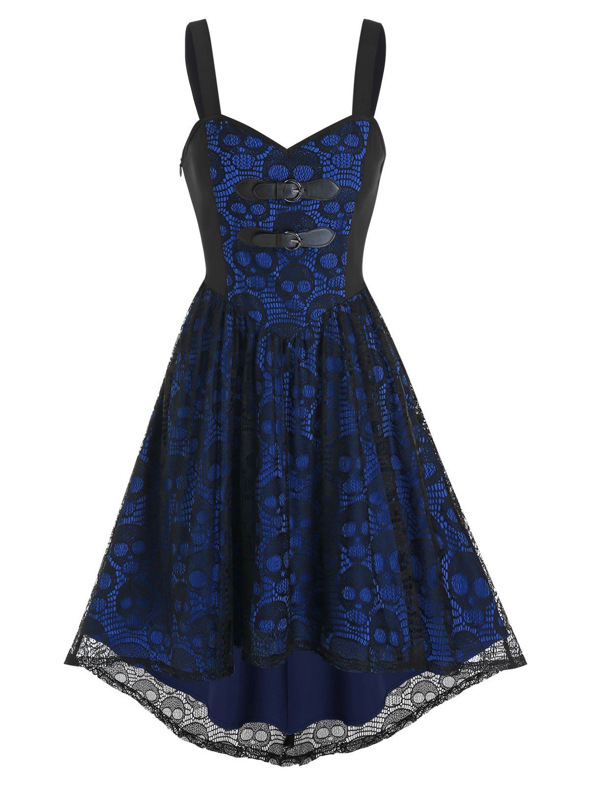 

Dual Buckled High Low Skull Lace Dress, Black