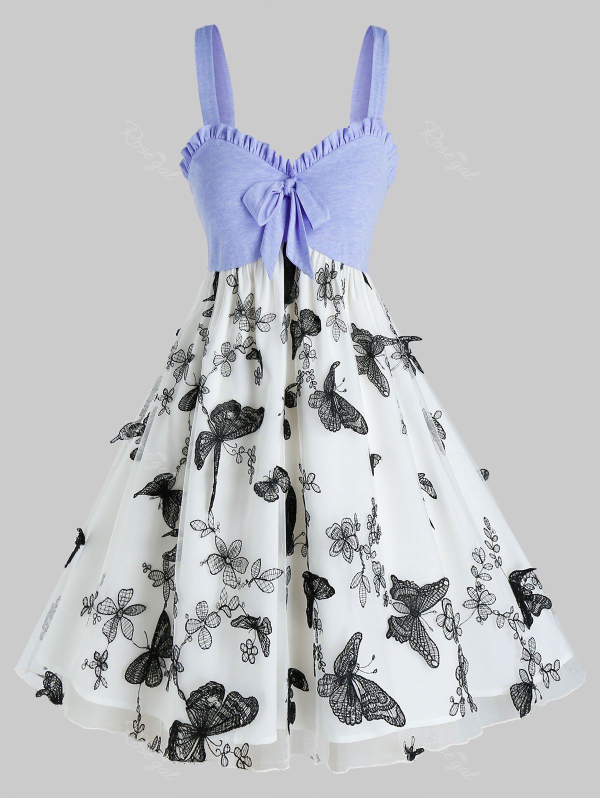 

Plus Size Bowknot Butterfly Embroidery Layers Dress, Light blue