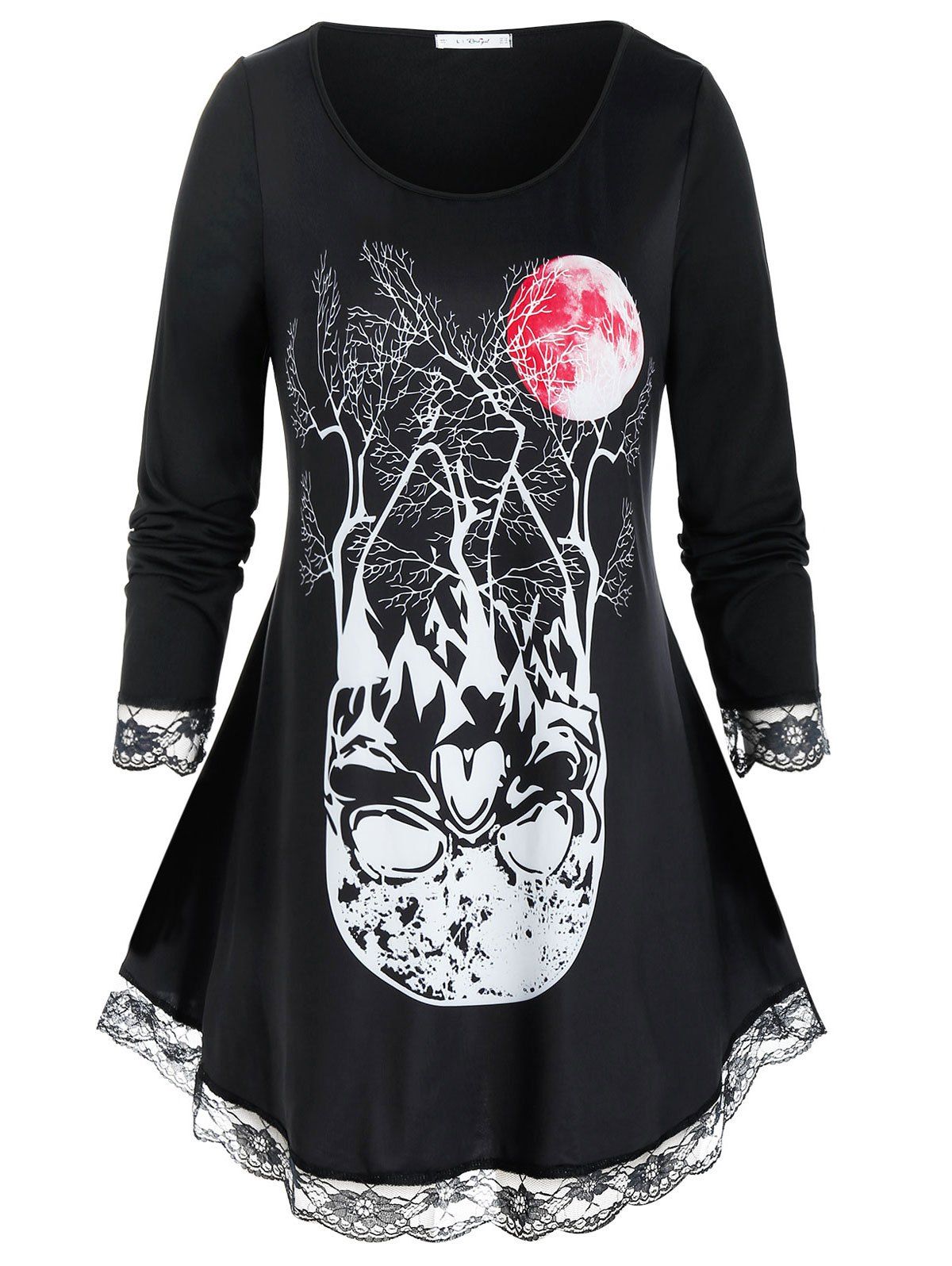 Affordable Plus Size Lace Hem Halloween Skull Moon Curved Hem Tee  