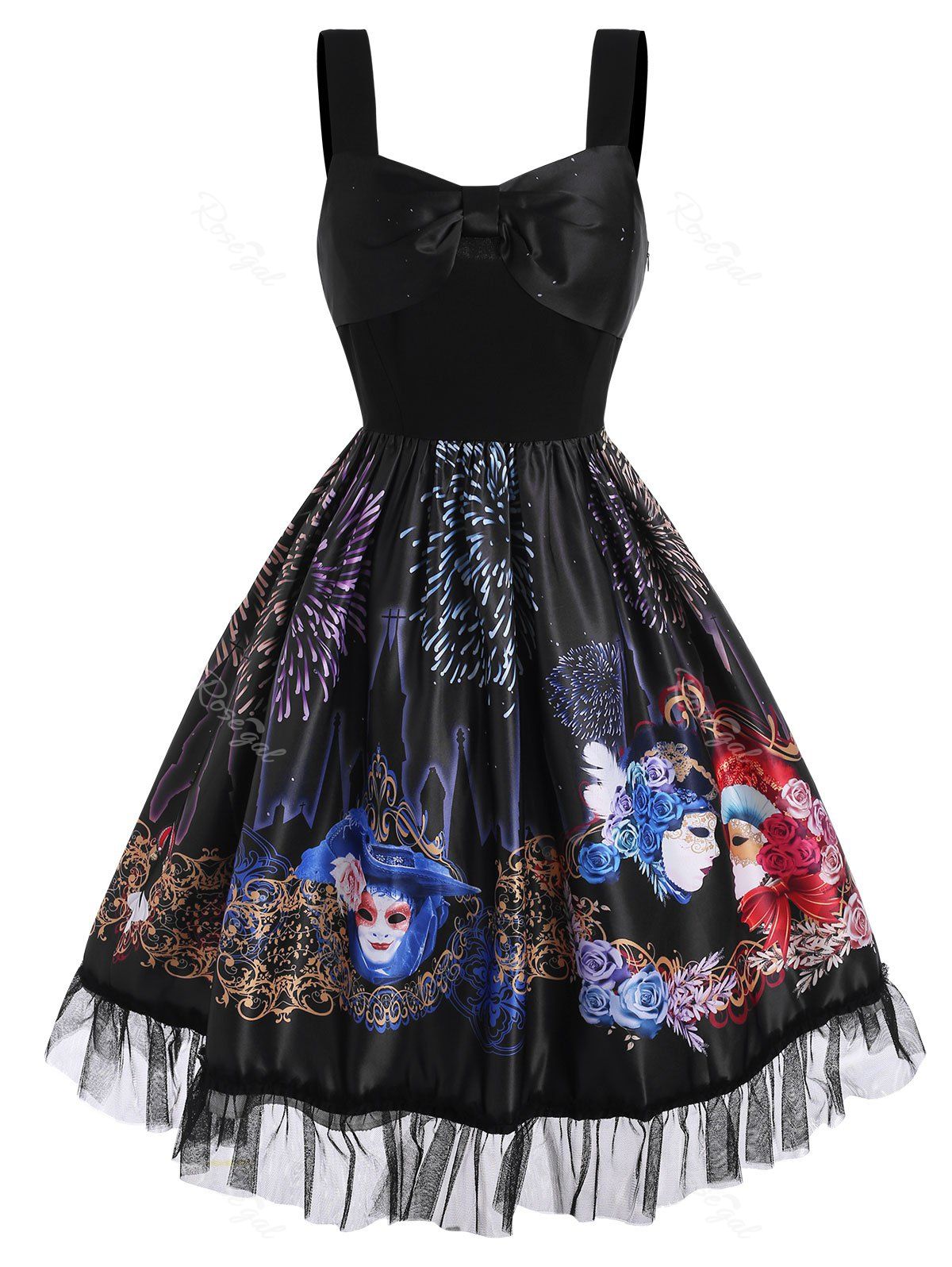 

Bowknot Floral Face Fireworks Print Lace Panel Dress, Black