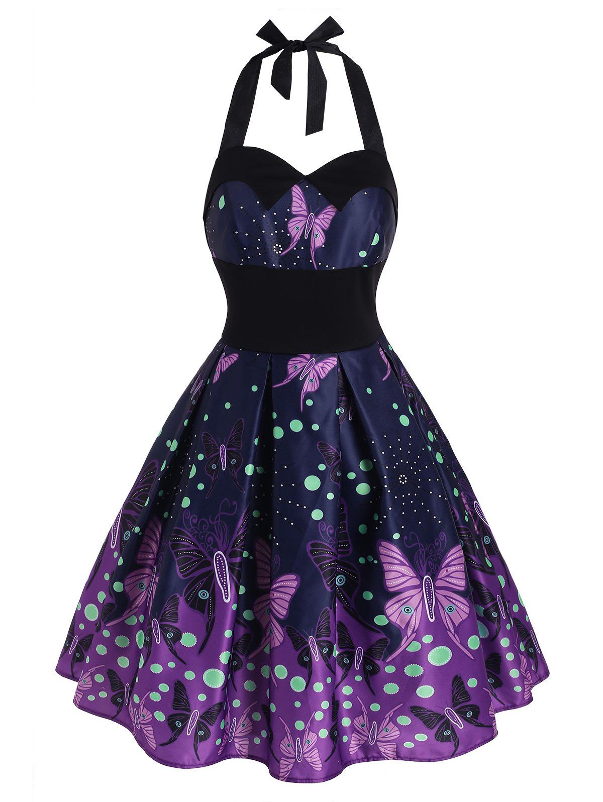 

Halter Butterfly Print Polka Dot Open Back Dress, Purple