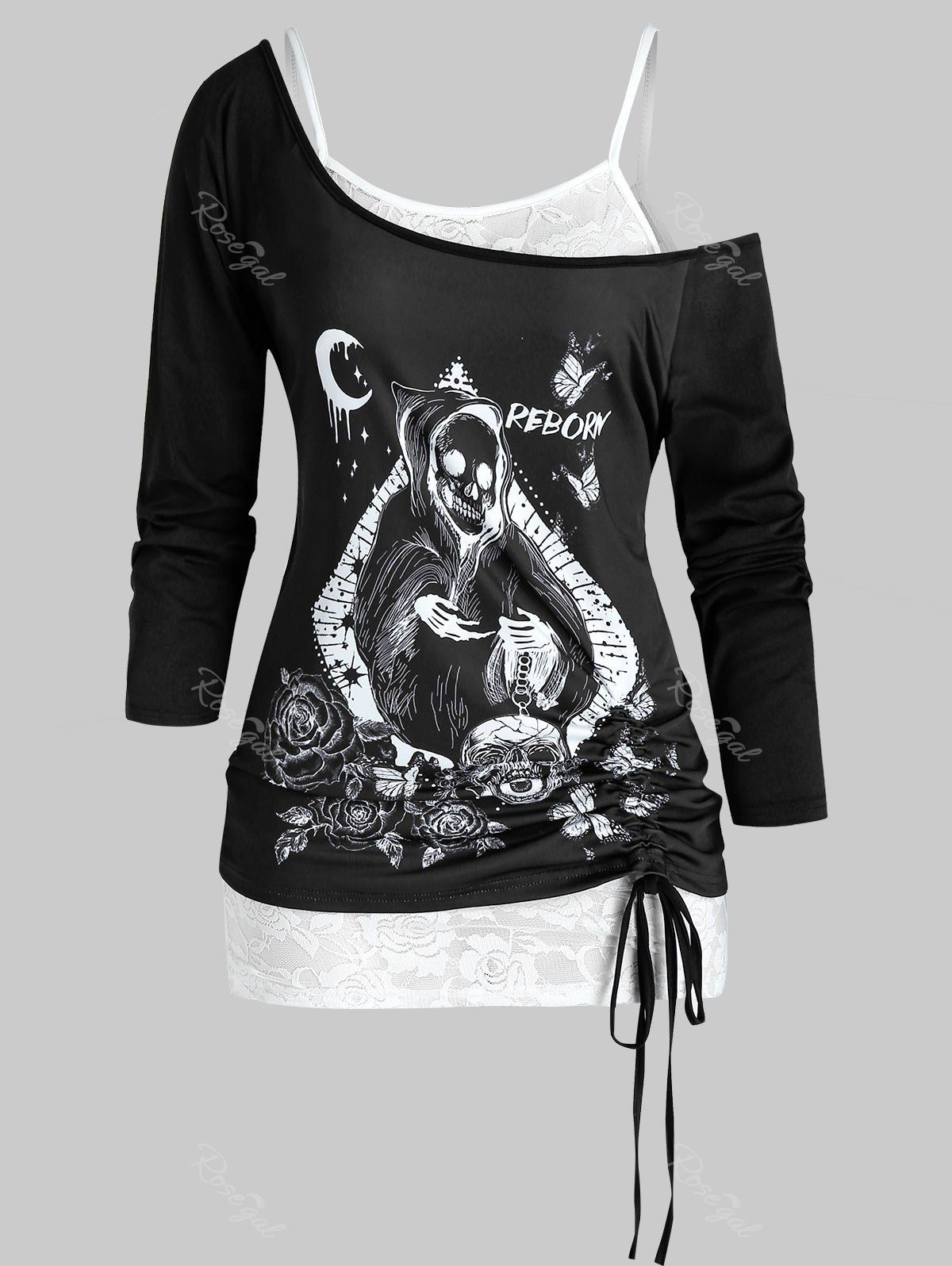 

Plus Size Halloween Skull Cinched T-shirt and Lace Cami Top Set, Black