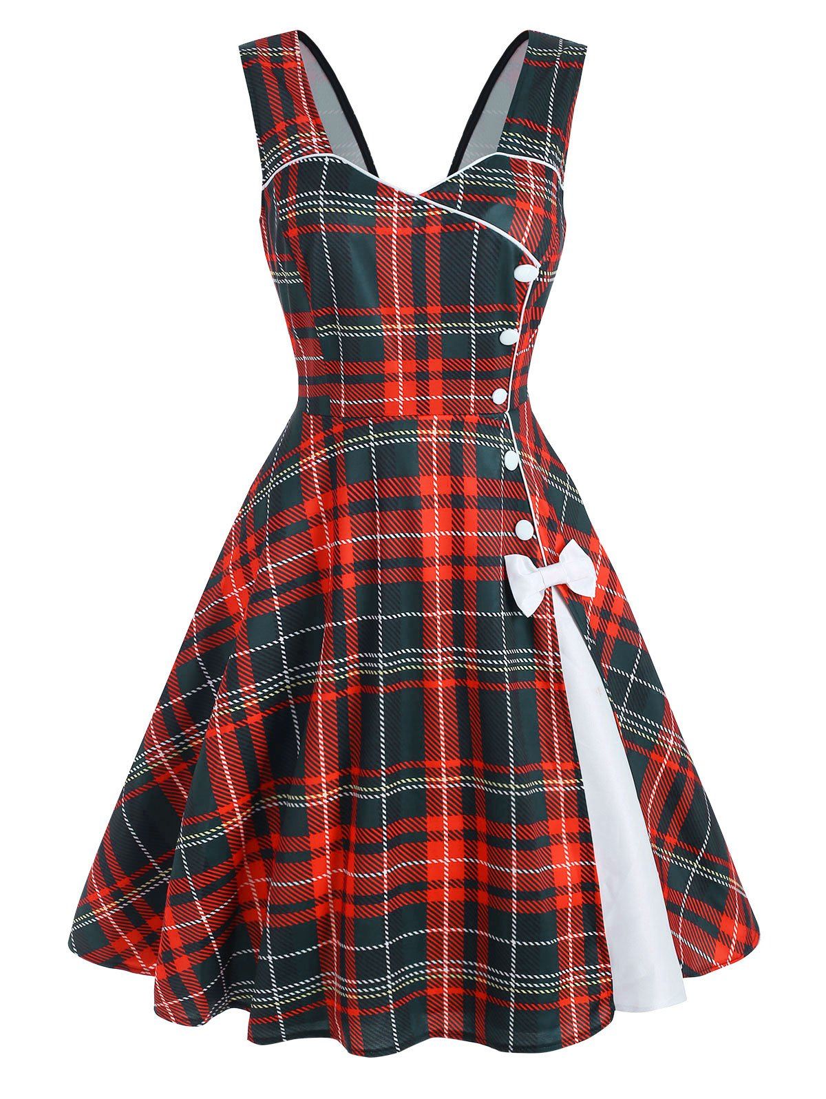 

Plaid Button Embellished Bowknot Sleeveless Dress, Red