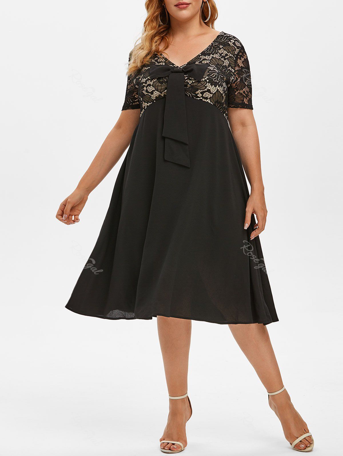 Rosegal Plus Size Lace Insert Bowknot Flare Dress