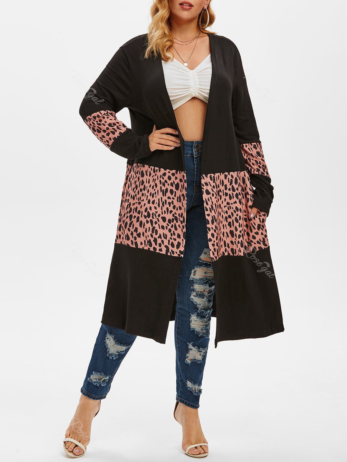

Leopard Colorblock Pockets Plus Size Cardigan, Black