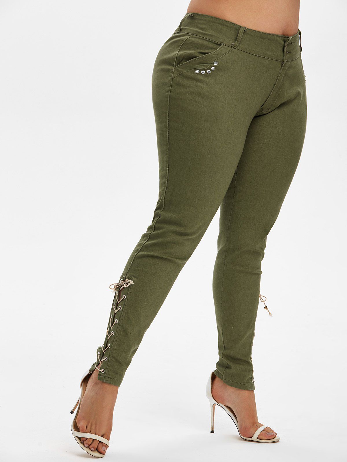 Plus Size Lace Up Rhinestone Embellished Skinny Jeans [24% OFF] | Rosegal