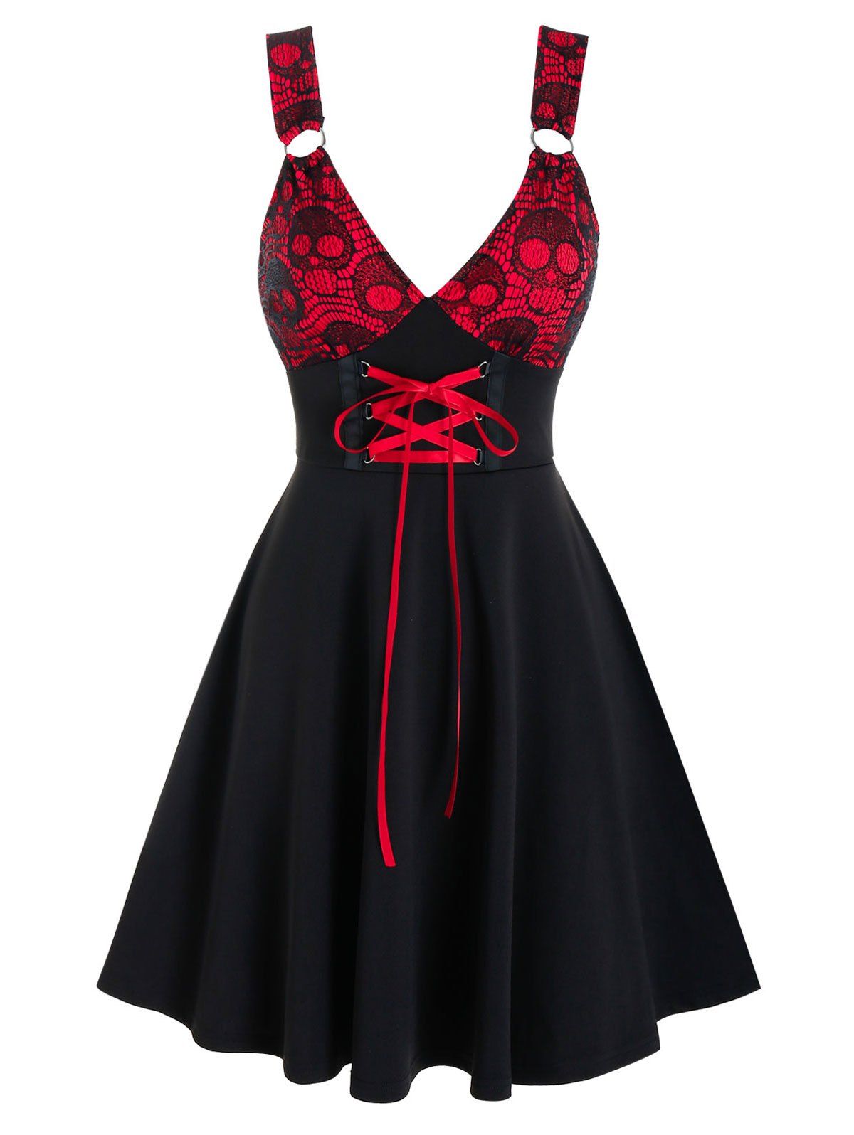 

Skull Pattern Colorblock Lace-up A Line Dress, Black