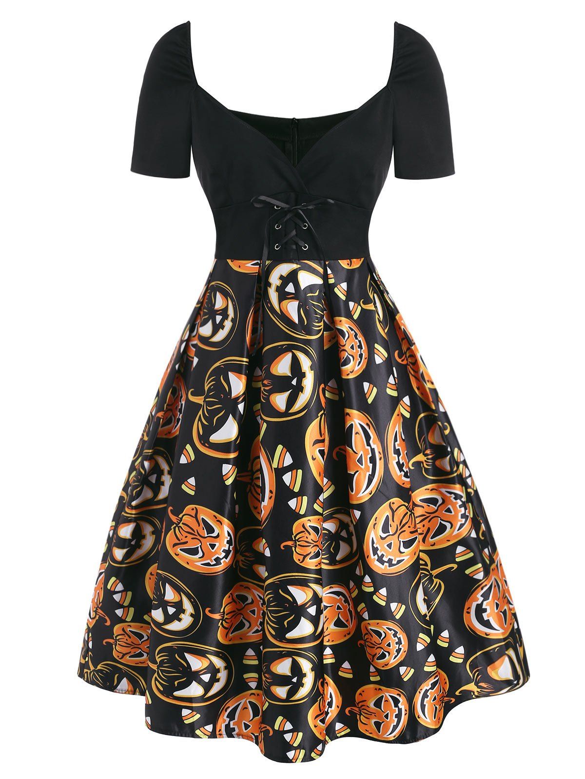 Halloween Pumpkin Plunging Lace Up Dress [36% OFF] | Rosegal