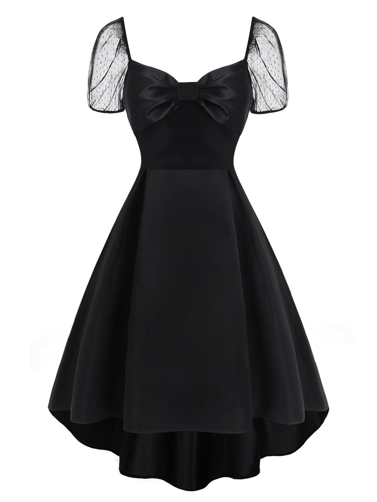 

Lace Puff Sleeve Bowknot Dip Hem Dress, Black
