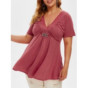 

Plus Size Ruched V Neck T Shirt, Cherry red
