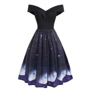 

Off The Shoulder Galaxy Print Midi Dress, Black