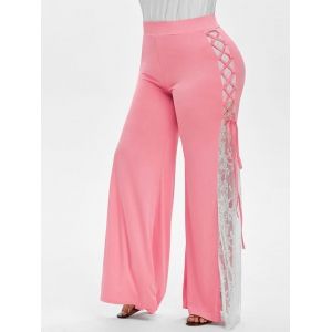 

Plus Size Lace Insert Bell Bottom Pants, Valentine red