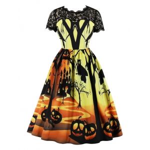 

Halloween Pumpkin Spider Print Lace Panel Vintage Dress, Multi