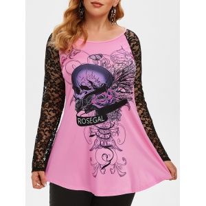 

Plus Size Halloween Lace Sleeve Skull Print T Shirt, White