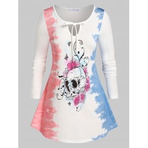 

Plus Size Halloween Skull Keyhole Tie Dye Tunic Tee, White