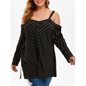 

Plus Size Striped Cold Shoulder Grommet Tunic Top, Black