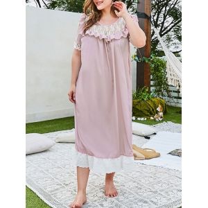 

Plus Size Lace Panel Ruffle Broderie Anglaise Hem Nightgown, Light pink