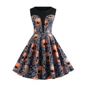 

Halloween Skulls Flower Printed High Waisted Retro Dress, Black