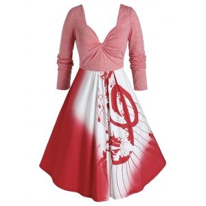 

Plus Size Musical Notes Twisted Square Back Dress, Red