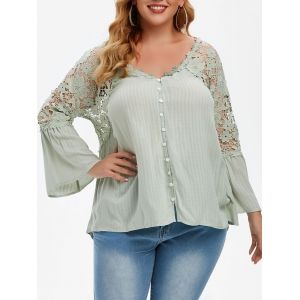 

Button Loop V Neck Crochet Lace Plus Size Blouse, Green