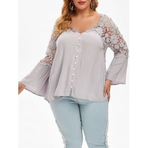 

Button Loop V Neck Crochet Lace Plus Size Blouse, Gray