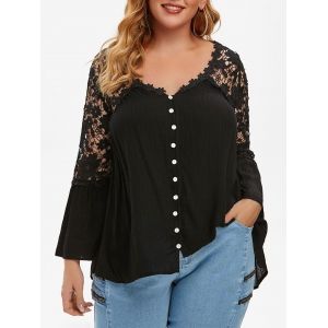 

Button Loop V Neck Crochet Lace Plus Size Blouse, Black
