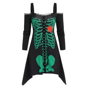 

Cold Shoulder Skeleton Pattern Lace Trim Longline T Shirt, Black