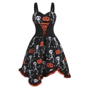 

Lace-up Halloween Pumpkin Skull Ruffle Dress, Black