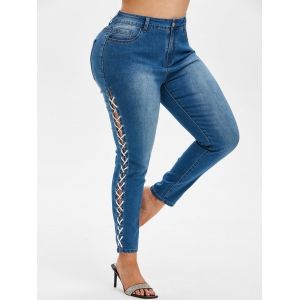 

Plus Size Lace Up Faded Jeans, Deep blue