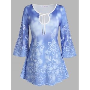 

Plus Size Bell Sleeve Floral Print Keyhole T Shirt, Light blue