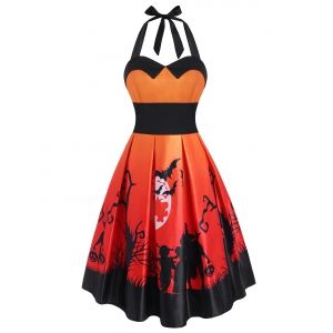 

Halloween Pumpkin Moon Print Sleeveless Dress, Orange