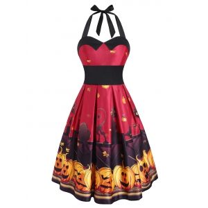 

Halloween Pumpkin Moon Print Sleeveless Dress, Red