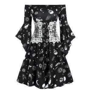 

Animal Skull Print Off Shoulder Flare Sleeve Mini Dress, Black